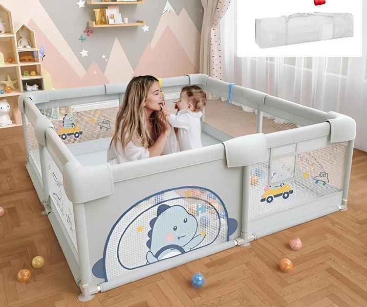 Дитячий манеж Terrio Dinosaur XL 180х200 см Сірий з двома ручками і 60 різнокольоровими м'ячами TQ-314G фото