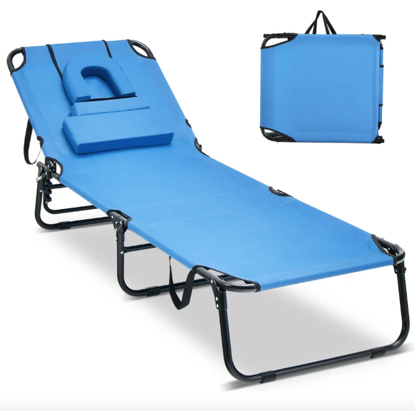 Шезлонг Costway Hanna розкладний з отвором для обличчя блакитний 5900410719270 фото