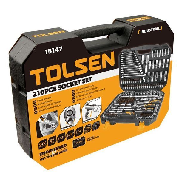 Набір інструментів Tolsen, 216шт, 1/2", 1/4", 3/8", комбіновані ключі, торцеві головки, біти,CrV, кейс 15147 фото
