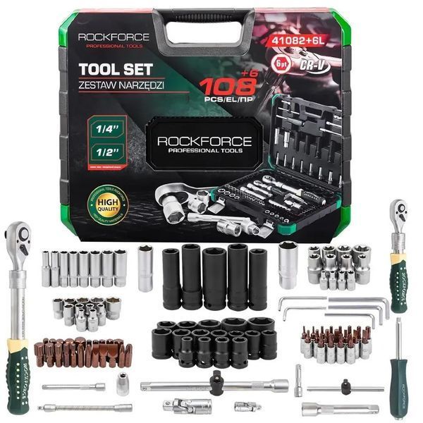 Набір інструментів Rockforce RF-41082+6L 108+6 пр. 1/4" і 1/2" з телескопічними тріскачками 63206 фото