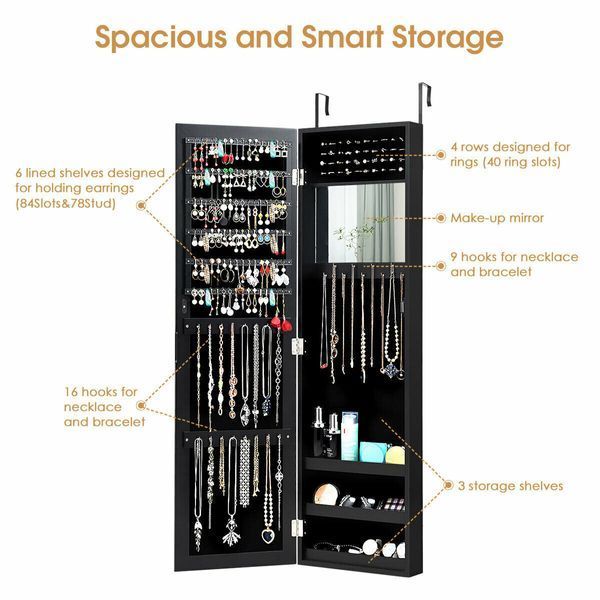 Дзеркало шафа підвісна Costway Glamour Case для біжутерії чорний JV10821BK фото