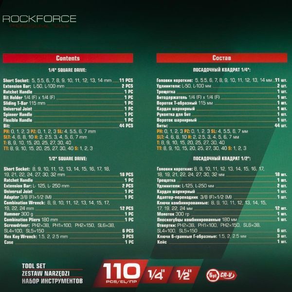 Набір інструментів 110 пр.1/4"&1/2"(6-гран)(5-32 мм) ROCKFORCE RF-41101-5 153775-2977482 фото