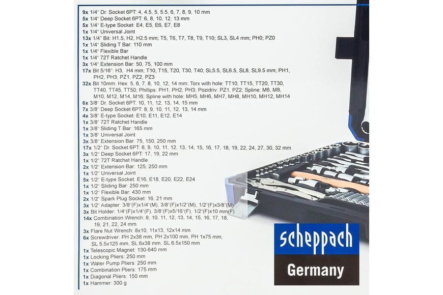 Набор инструментов 1/4", 3/8", 1/2", 180 предметов SCHEPPACH SCH-41802-5 60806 фото