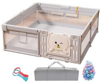 Дитячий манеж Terrio Teddy XL 180х200 см Сірий з пластиковими дверима, двома ручками і 60 різнокольоровими м'ячами TQ-322G фото