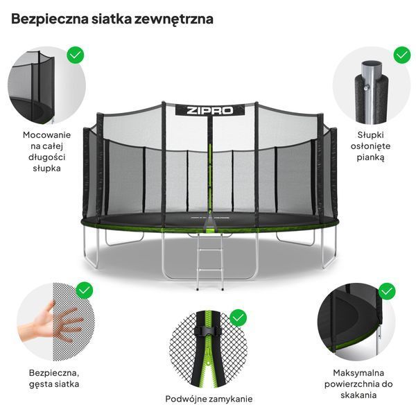 Батут Zipro Jump Pro з зовнішньою сіткою 16 футів 496 см чорно-зелений 5902659840752 фото