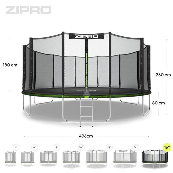 Батут Zipro Jump Pro з зовнішньою сіткою 16 футів 496 см чорно-зелений 5902659840752 фото